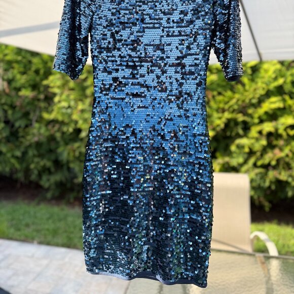 BCBG Blue Sequin Cocktail Dress – Short Sleeve Sparkle Party Mini - Picture 3 of 3